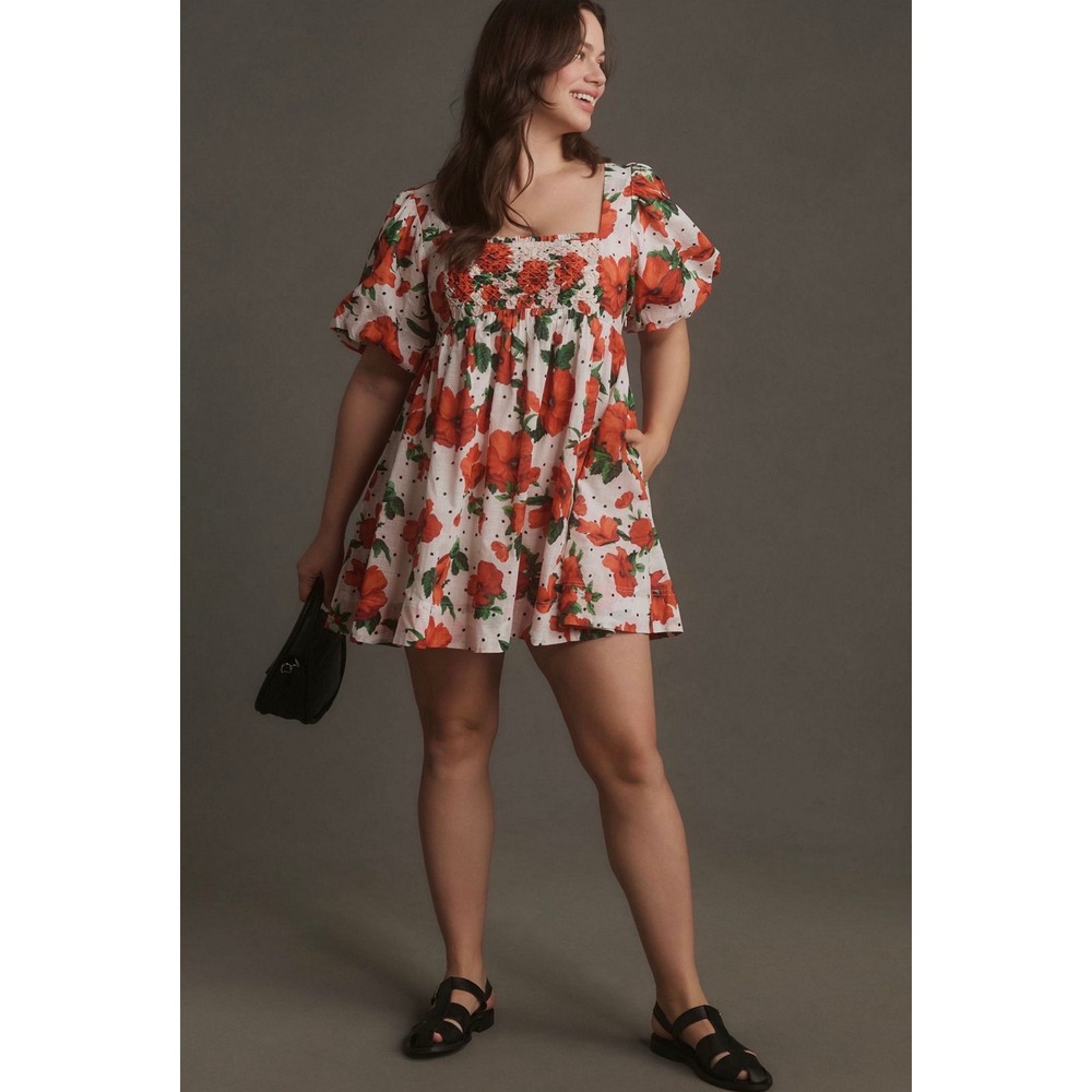 Maeve Anthropologie Red Poppy Floral Polka Dot Smocked Puff Sleeve Mini Dress L
